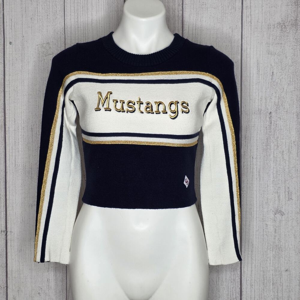 Vintage 90s Mustangs Cropped Cheer Sweater USA Navy Gold Varsity Preppy, Small